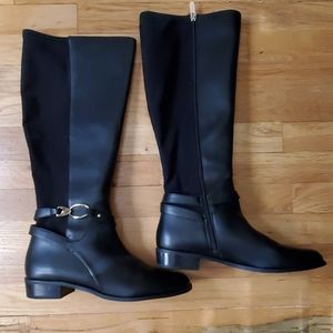 Tahari black riding boots w/ silver buckle detail